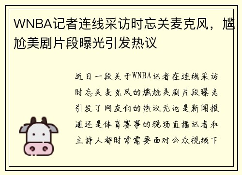 WNBA记者连线采访时忘关麦克风，尴尬美剧片段曝光引发热议