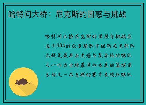 哈特问大桥：尼克斯的困惑与挑战