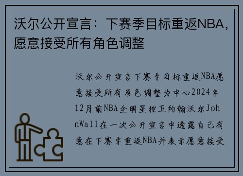 沃尔公开宣言：下赛季目标重返NBA，愿意接受所有角色调整